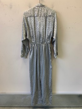 Womens, Jumpsuit, NO LABEL, Silver, Polyester, Mosaic Pattern, W22-30, B40, L/S, V Neck, Notched Lapel, C.A., Crossover, Shoulder Pads, Elastic Waist Band, Side Pockets, Pleated