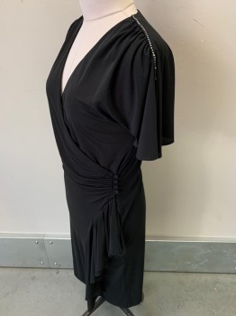 Rimini, Black, Polyester, Solid, Short Sleeves with Slit, V Neck, Rhinestone Strip on Shoulders, Crossover, 4 Side Buttons with Layered Fabric