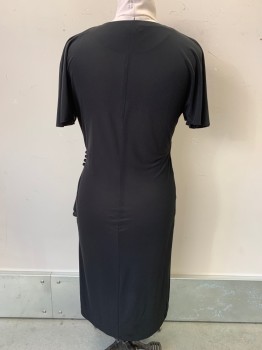 Womens, Dress, Rimini, Black, Polyester, Solid, W30, B38, Short Sleeves with Slit, V Neck, Rhinestone Strip on Shoulders, Crossover, 4 Side Buttons with Layered Fabric