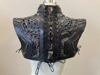 Mens, Sci-Fi/Fantasy Armour, N/L, Black, Silver, Iridescent Red, Leather, Plastic, 38, Chest/Shoulder Plate, Molded Black Leather with Iridescent Plastic Abstract Shapes, 2 Curved Feather Shaped Pieces in Front, Stand Collar, Lace Up in Back and at Sides, Made To Order, **Detachable Panel in Back