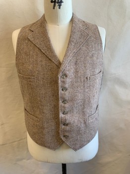 PAUL CHANG, Brown, Beige, Gray, Wool, Herringbone, Notched Lapel, Single Breasted, Button Front, 4 Pockets, Gray Satin Back, Belted Back