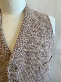 PAUL CHANG, Brown, Beige, Gray, Wool, Herringbone, Notched Lapel, Single Breasted, Button Front, 4 Pockets, Gray Satin Back, Belted Back