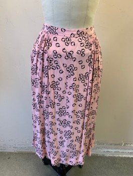 Womens, 1980s Vintage, Skirt, N/L, Lt Pink, Black, Silk, Circles, Novelty Pattern, W:25, Knee Length, Ruched Details at Each Side of Waist, Side Zipper, Goes with Jacket (CF033499)