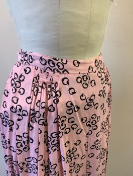 Womens, 1980s Vintage, Skirt, N/L, Lt Pink, Black, Silk, Circles, Novelty Pattern, W:25, Knee Length, Ruched Details at Each Side of Waist, Side Zipper, Goes with Jacket (CF033499)