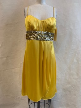 B DARLIN, Yellow, Silver, Synthetic, Sequins, Solid, Pleated Bust, Empire Waist with Silver Sequin Detail, Spaghetti Straps, Self Tie Back, Gathered Side **center Back Run*