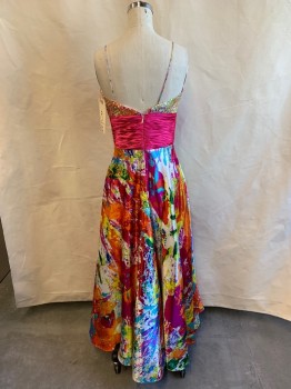 Womens, Evening Gown, EIGHT MOVES, Multi-color, Polyester, Mottled, Solid, W 26, B 34, Colorful Sequinned Sweetheart Bust with Center Front Rhinestone Flower, Spaghetti Straps, Hot Pink Accordion Pleated Empire Waist, Zip Back Tulle Skirt Lining