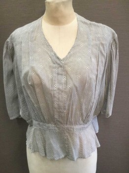 Womens, Blouse 1890s-1910s, N/L, White, Charcoal Gray, Cotton, Diamonds, Polka Dots, W:35, B:38, 3/4 Sleeve, V Neck, Hook and Eye Closures At Center Front, 5/8" Wide Vertical Pleats From Center Back Waist To Center Front Shoulders, Puffy Gathered Sleeves, 1" Wide Self Waistband with Peplum Bottom, Made To Order *Has Pit Stains,