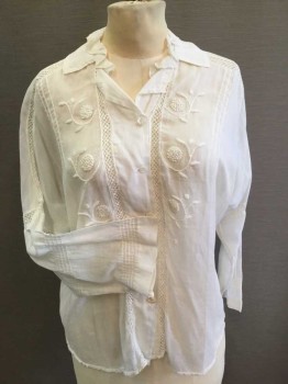 Womens, Blouse 1890s-1910s, MTO, White, Cotton, Solid, Floral, W34, B38, Embroidery Front, Crochet Mesh Panel, Ruffle Collar Attached, Dolman L/S with Crochet Mesh Panel and Pintucks, Pintuck Stripes Back, Pulls and Tears In Back,