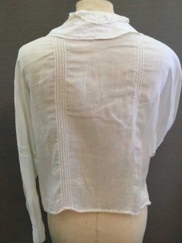 Womens, Blouse 1890s-1910s, MTO, White, Cotton, Solid, Floral, W34, B38, Embroidery Front, Crochet Mesh Panel, Ruffle Collar Attached, Dolman L/S with Crochet Mesh Panel and Pintucks, Pintuck Stripes Back, Pulls and Tears In Back,