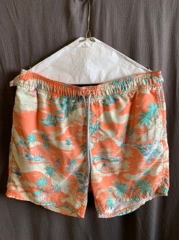 Mens, Swim Trunks, RIPCURL, Coral Orange, Tan Brown, Multi-color, Polyester, Tropical , S, Elastic Waist With Drawstring, 3 Pockets, Short