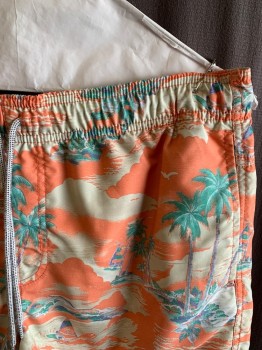 Mens, Swim Trunks, RIPCURL, Coral Orange, Tan Brown, Multi-color, Polyester, Tropical , S, Elastic Waist With Drawstring, 3 Pockets, Short