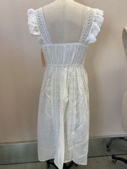 Womens, Dress, Sleeveless, N/L, White, Rayon, Solid, B34, S, W28, Circular Lace Detail, Trim, Waist And Panels, Self Ruffled Straps, Squared Neck