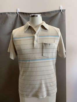 ROBERT BRUCE, Lt Brown, Dk Brown, Lt Blue, White, Polyester, Stripes - Horizontal , S/S, 1 Pocket, Snags All Over See Detail Photo,