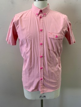 MARC BY MARC JACOBS, Pink, Cotton, Solid, Button Down Collar, Button Front, Short Sleeves, 1 Pocket, Pink Buttons