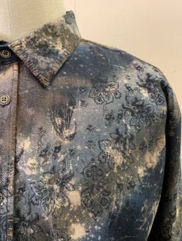 INTNL LAUNDR, Navy Blue, Black, Beige, Gray, Cotton, Floral, Bleach Splatter , Collar Attached, Button Front, Long Sleeves, Brown Stitching on Shoulders, Floral/Paisley Pattern and Bleach Splatters