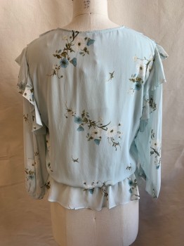 Womens, Blouse, JOIE, Sea Foam Green, Off White, Olive Green, Lt Blue, Silk, Polyester, Floral, L, V-neck, Long Sleeves, Button Front, Elastic Waistband, Ruffles Down Front