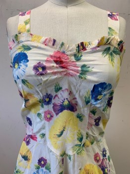 Womens, Evening Gown, NO LABEL, White, Yellow, Blue, Green, Pink, Polyester, Floral, W24, B30, Sleeveless, V Neck, Ruffled Neck Trim, Side Zipper