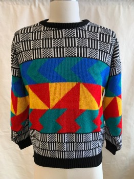 Mens, Sweater, ADELE, Black, White, Yellow, Red, Blue, Acrylic, Abstract , Color Blocking, S, L/S, CN, Knit Patterns, 1980's