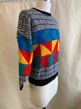 ADELE, Black, White, Yellow, Red, Blue, Acrylic, Abstract , Color Blocking, L/S, CN, Knit Patterns, 1980's