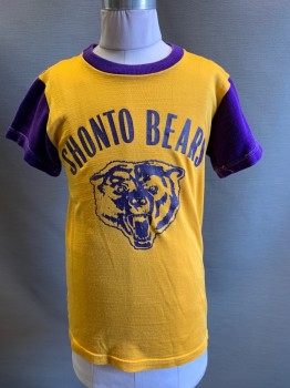 Mens, T-shirt, Print Wear, Mustard Yellow, Purple, Rayon, Cotton, Graphic, XS, S/S, CN, " Shonto Bears" Bear Head Print,