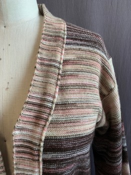 Womens, Sweater, SIROCCO, Dk Brown, Multi-color, Acrylic, Stripes - Static , L, CARDIGAN, Open Front, 2 Pockets, Slight Bell Sleeve, Beige, White, and Pink Colors, Matching Belt