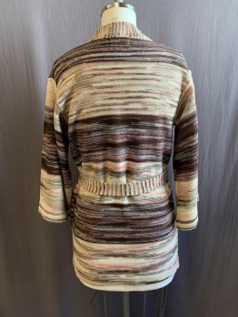Womens, Sweater, SIROCCO, Dk Brown, Multi-color, Acrylic, Stripes - Static , L, CARDIGAN, Open Front, 2 Pockets, Slight Bell Sleeve, Beige, White, and Pink Colors, Matching Belt