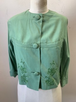 Womens, Top, NO LABEL, Lt Green, Polyester, Cotton, Solid, B36, L/S, Crew Neck, Button Front, Embroiderred Flower Detail on the Bottom,