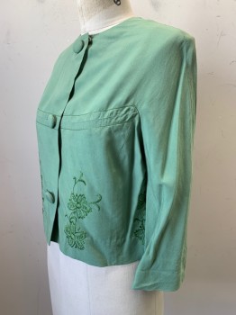 Womens, Top, NO LABEL, Lt Green, Polyester, Cotton, Solid, B36, L/S, Crew Neck, Button Front, Embroiderred Flower Detail on the Bottom,
