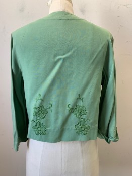 NO LABEL, Lt Green, Polyester, Cotton, Solid, L/S, Crew Neck, Button Front, Embroiderred Flower Detail on the Bottom,