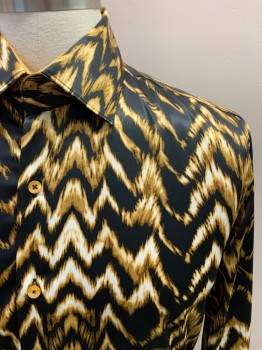 Mens, Casual Shirt, MAKROM, Black, Off White, Goldenrod Yellow, Viscose, Polyester, Chevron, Abstract , M, L/S, Button Front, Silky, Burnout Style Print