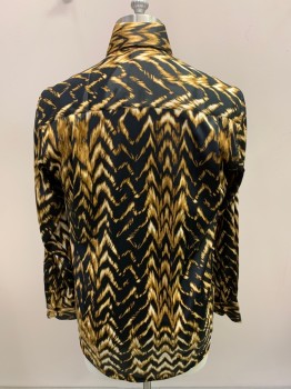 Mens, Casual Shirt, MAKROM, Black, Off White, Goldenrod Yellow, Viscose, Polyester, Chevron, Abstract , M, L/S, Button Front, Silky, Burnout Style Print