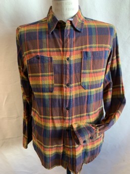 Mens, Casual Shirt, BURTON, Brown, Orange, Goldenrod Yellow, Olive Green, Navy Blue, Cotton, Plaid, M, Button Front, Collar Attached, Long Sleeves, 2 Pockets,