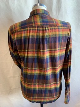 Mens, Casual Shirt, BURTON, Brown, Orange, Goldenrod Yellow, Olive Green, Navy Blue, Cotton, Plaid, M, Button Front, Collar Attached, Long Sleeves, 2 Pockets,