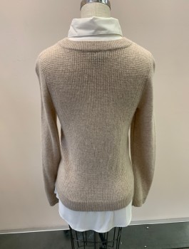 Womens, Pullover, BLOOMINGDALE'S, White, Lt Beige, Cashmere, Polyester, Solid, S, L/S, CN, Waffle Knit, White C.A