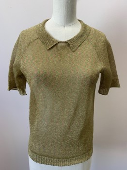 Womens, Top, H&M, Gold, Green, Pink, Polyester, B:32, Metallic, Multi Color Weave, C.A., Pullover, S/S, Ribbed Cuffs & Waist