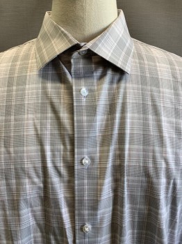 Mens, Casual Shirt, CALVIN KLEIN, Gray, White, Maroon Red, Cotton, Plaid, 34/35, 17.5, L/S, Button Front, Collar Attached,