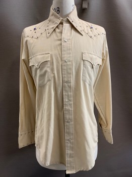 Mens, Western Shirt, CHAMPION WESTERNS, Beige, Silver, Polyester, Cotton, Solid, 33, 16, L/S, Snap Front, C.A., Chest Pockets, Silver Studs, Blue Stone