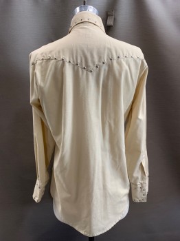 Mens, Western Shirt, CHAMPION WESTERNS, Beige, Silver, Polyester, Cotton, Solid, 33, 16, L/S, Snap Front, C.A., Chest Pockets, Silver Studs, Blue Stone