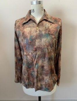 Mens, Shirt, NL, Beige, Multi-color, Polyester, Abstract , 16/34, C.A., Button Front, L/S, 1 Pocket, Teal Green, Light Blue, Burnt Orange, Brown Colors