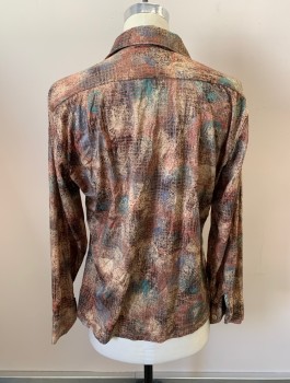 Mens, Shirt, NL, Beige, Multi-color, Polyester, Abstract , 16/34, C.A., Button Front, L/S, 1 Pocket, Teal Green, Light Blue, Burnt Orange, Brown Colors