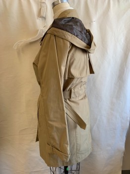 Womens, Coat, Trenchcoat, A NEW DAY, Khaki Brown, Cotton, Polyester, Solid, L, Double Breasted, 2 Pckts, Detachable Hood, Belt Loops, BELT, Detached Yoke Front And Back, Loops And Button Belts At Cuffs ATTN TV Alt Has Cuffs Tacked Up  ~ 2 "