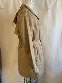 Womens, Coat, Trenchcoat, A NEW DAY, Khaki Brown, Cotton, Polyester, Solid, L, Double Breasted, 2 Pckts, Detachable Hood, Belt Loops, BELT, Detached Yoke Front And Back, Loops And Button Belts At Cuffs ATTN TV Alt Has Cuffs Tacked Up  ~ 2 "