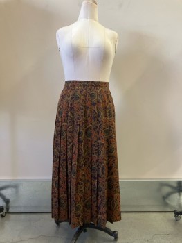 N/L, Eggplant/rust/tan/mustard Rayon Paisley, Waistband, Stitched Down Pleats, Side Zip, Ankle Length