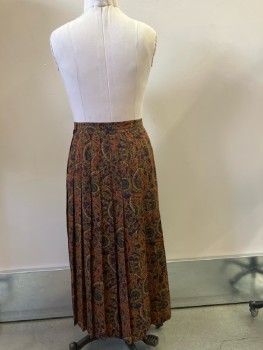N/L, Eggplant/rust/tan/mustard Rayon Paisley, Waistband, Stitched Down Pleats, Side Zip, Ankle Length