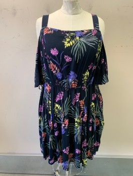 CITY CHIC, Navy Blue, Red, Yellow, Purple, Pink, Viscose, Floral, Cold Shoulder Short Sleeve, Gathered At Waist, Elastic Waist, Hem At Knee
