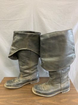 N/L, Black, Leather, Bucket Top Boots, Large Fold Over, Square Toe