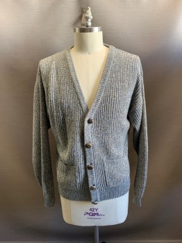 BOUNDRY WATERS, Gray, Multi-color, Acrylic, 2 Color Weave, V-N, Button Front, 2 Pockets, 4 Buttons, Light Blue and White Weaving