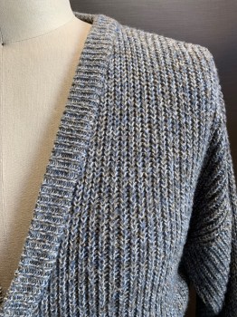 Mens, Sweater, BOUNDRY WATERS, Gray, Multi-color, Acrylic, 2 Color Weave, L, V-N, Button Front, 2 Pockets, 4 Buttons, Light Blue and White Weaving