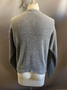 Mens, Sweater, BOUNDRY WATERS, Gray, Multi-color, Acrylic, 2 Color Weave, L, V-N, Button Front, 2 Pockets, 4 Buttons, Light Blue and White Weaving
