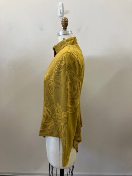 SANS SOUCI, Yellow, Black, Rayon, 2 Color Weave, Floral, Band Collar,  B.F., L/S, Shoulder Pads, Cutaway Front Hem, Peplum In Back with Tails